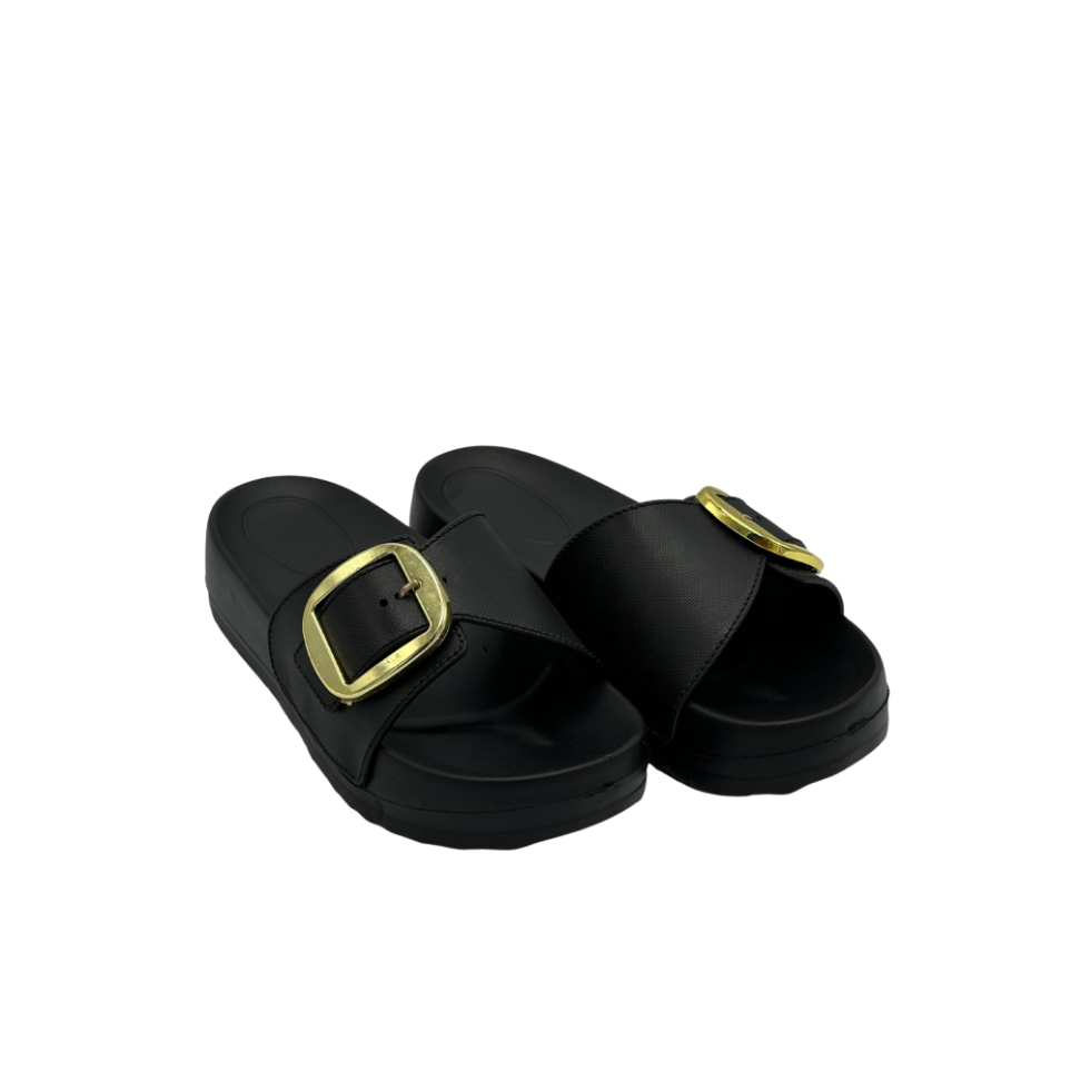 Kadın Düz Terlik Siyah Altın Toka Günlük Giyim