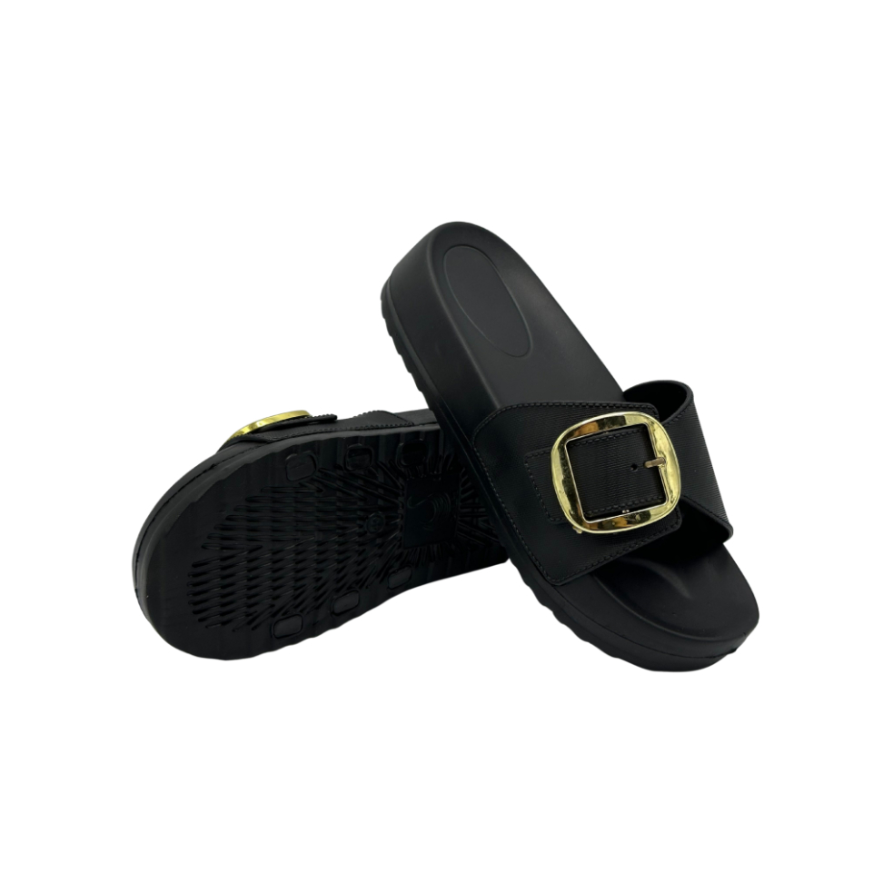 Kadın Düz Terlik Siyah Altın Toka Günlük Giyim